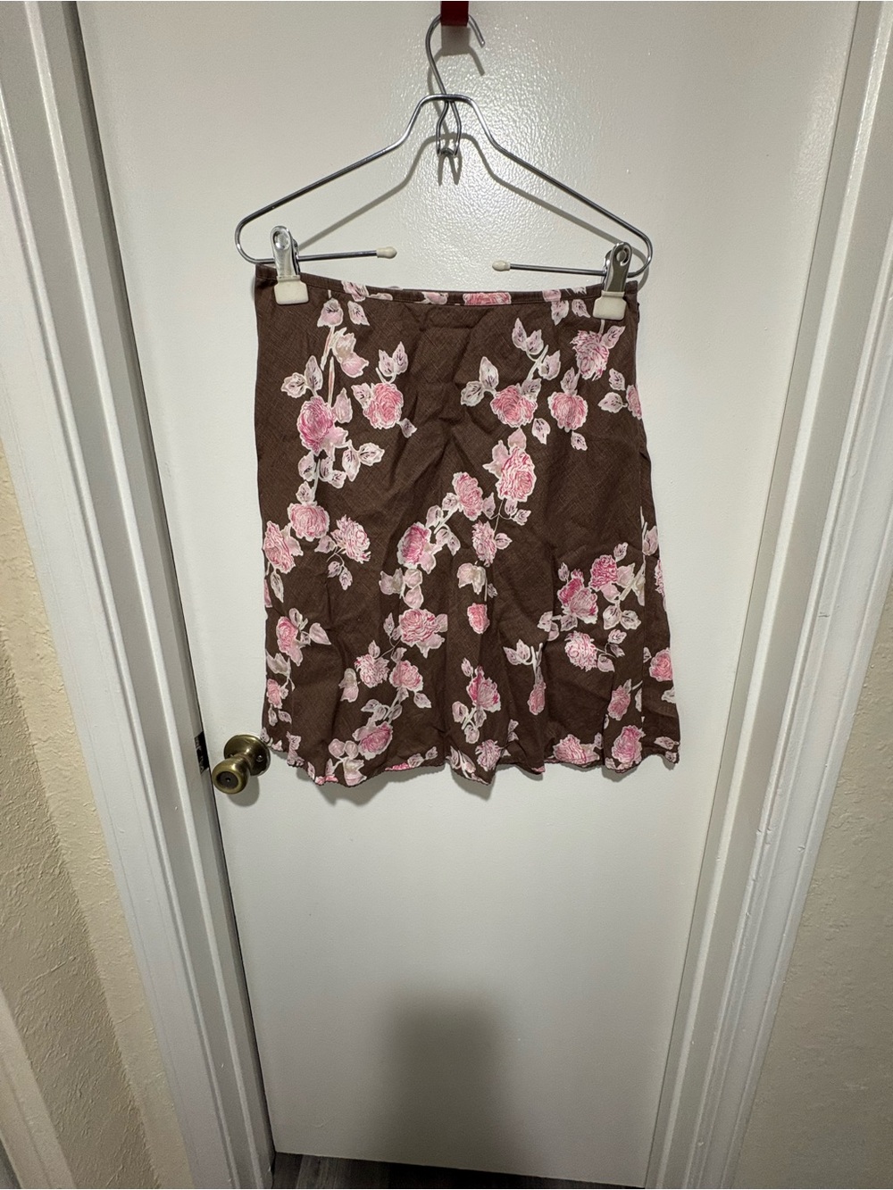 LOFT Brown Mini Skirt with Pink Rose Print